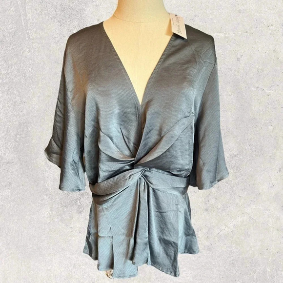 Bishop + Young GRAY Blouse Size LARGE NEW V Neck Flutter Sleeve Top Side Zipper - Picture 3 of 6